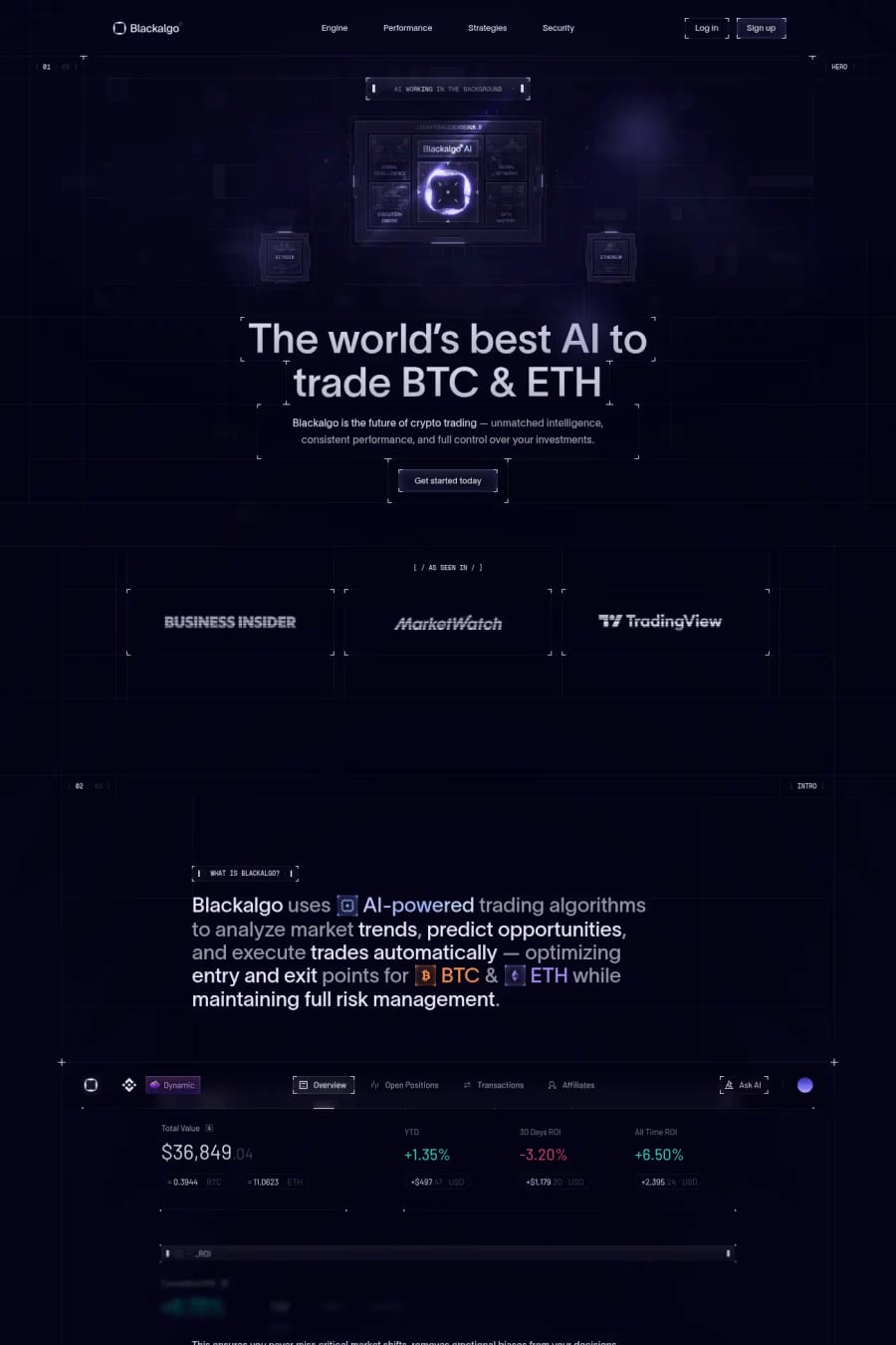 Blackalgo — screenshot of a detailed, techy Web3 and crypto landing page in dark purple