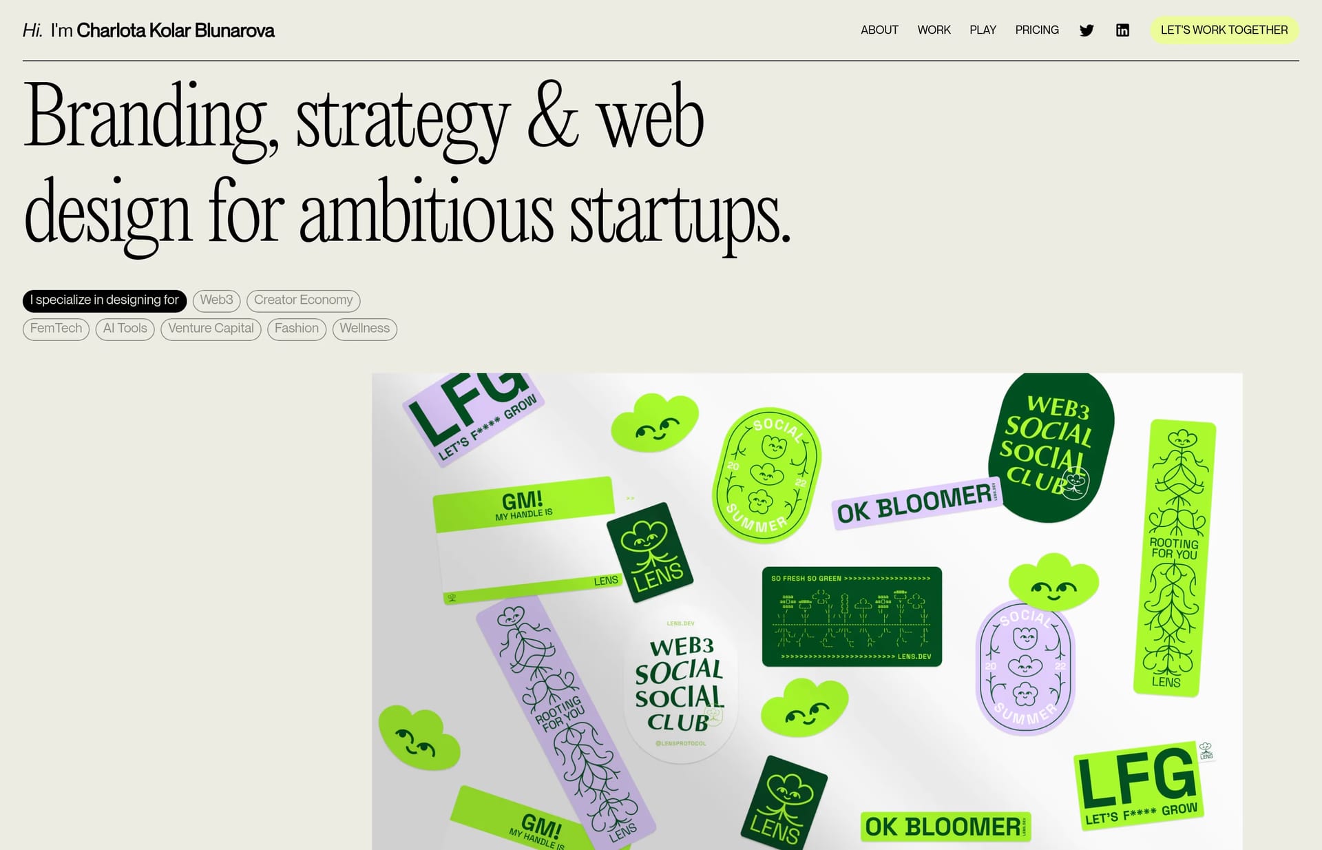 Blunarova — screenshot of a minimal design portfolio site in light green