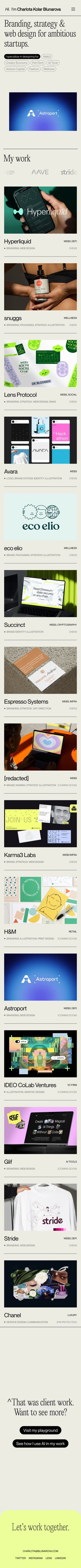 Blunarova — mobile screenshot of a minimal design portfolio site in light green