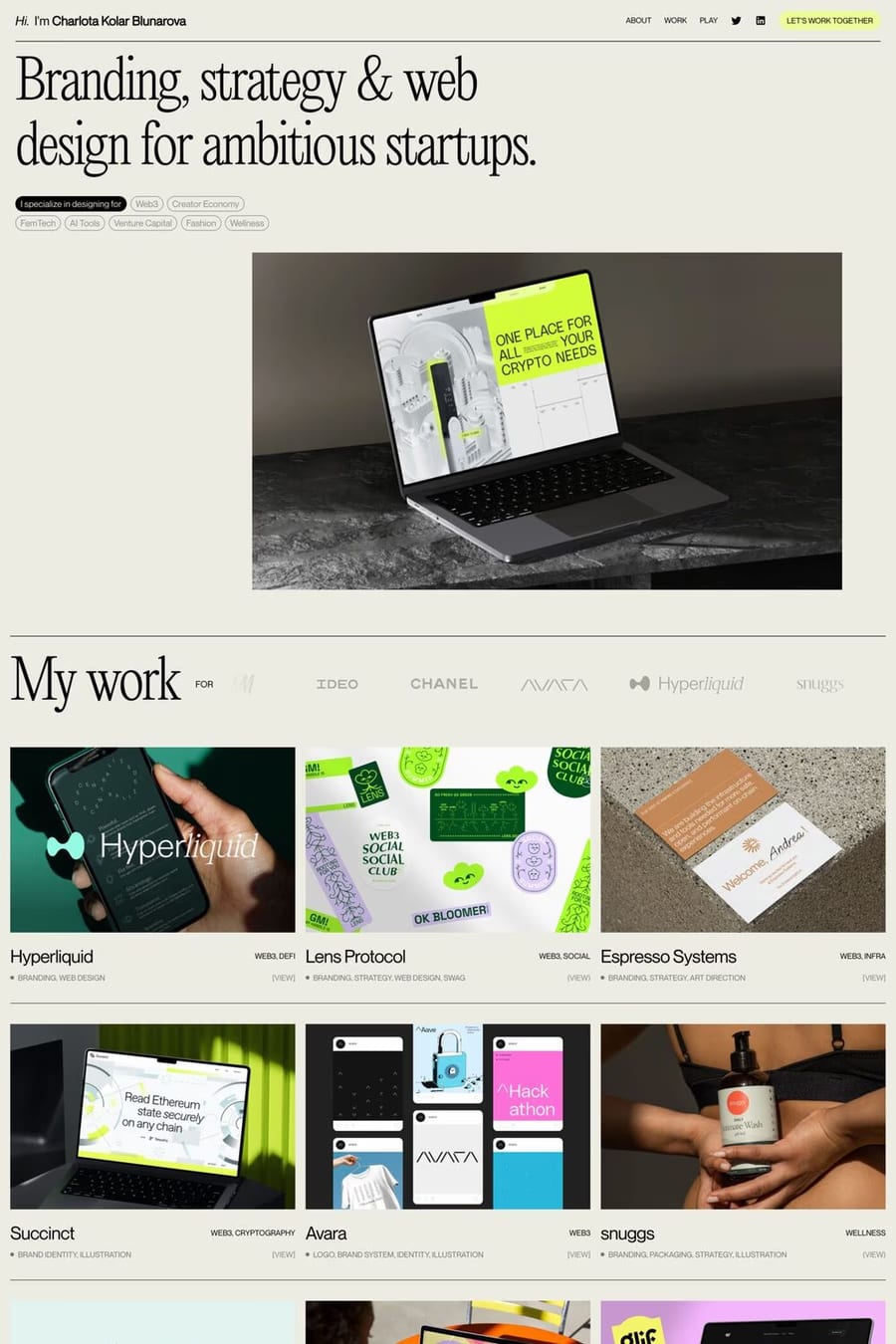 Blunarova — screenshot of a minimal design portfolio site in light green