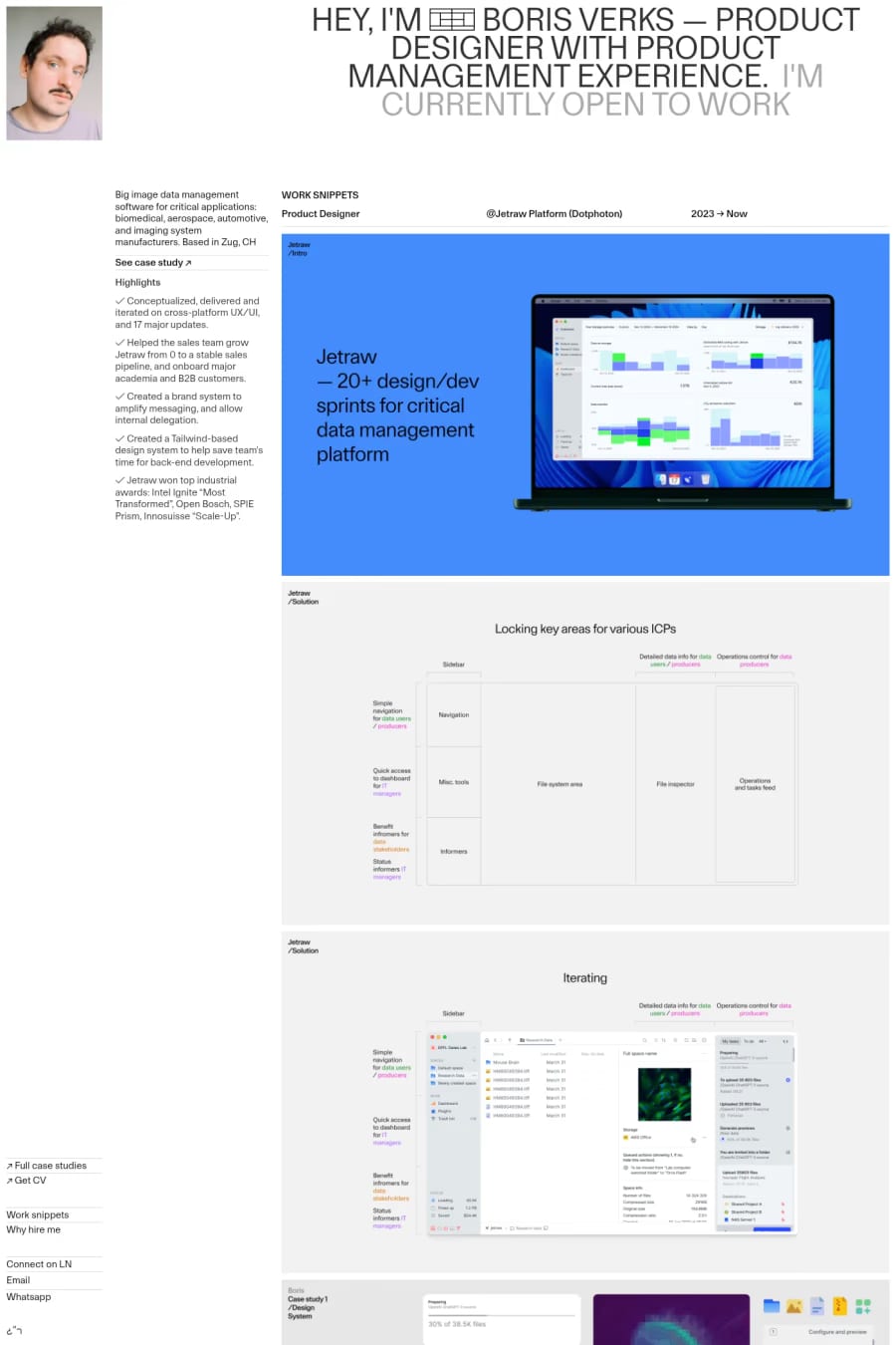 Boris Verks — screenshot of a clean, minimal design portfolio site in white and light grey