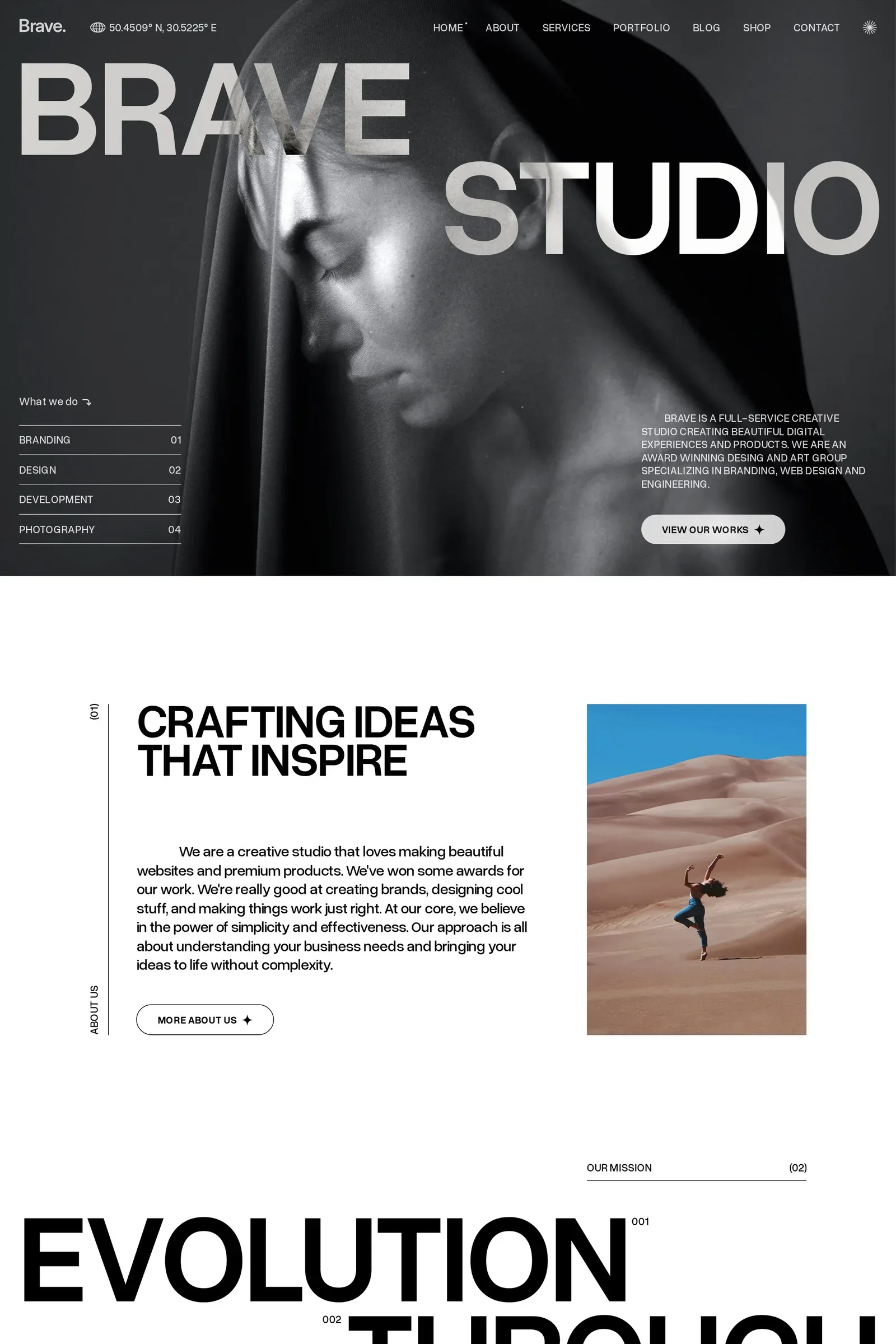 Brave Studio — screenshot of a typographic, black-and-white design agency template in white and black