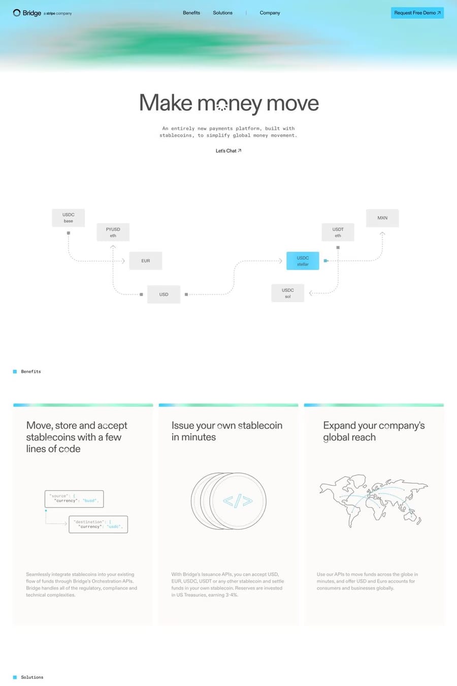 Bridge — screenshot of a techy Web3 and crypto landing page in white and light blue