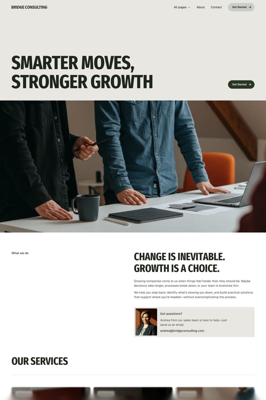 Bridge Consulting — screenshot of a minimal, light professional services landing page template in white and dark green