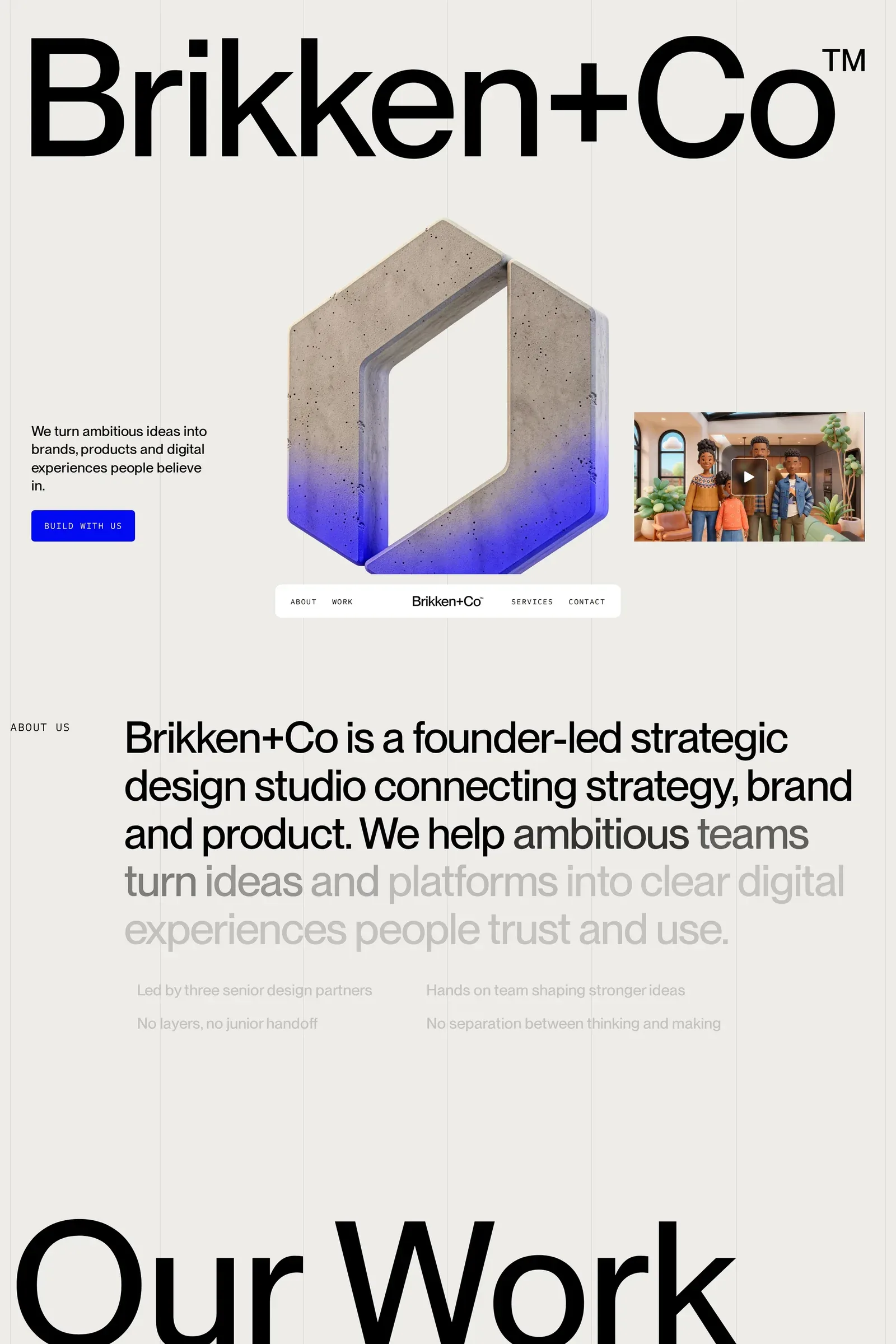Brikken+Co — screenshot of a typographic, neutral design agency site in beige and black