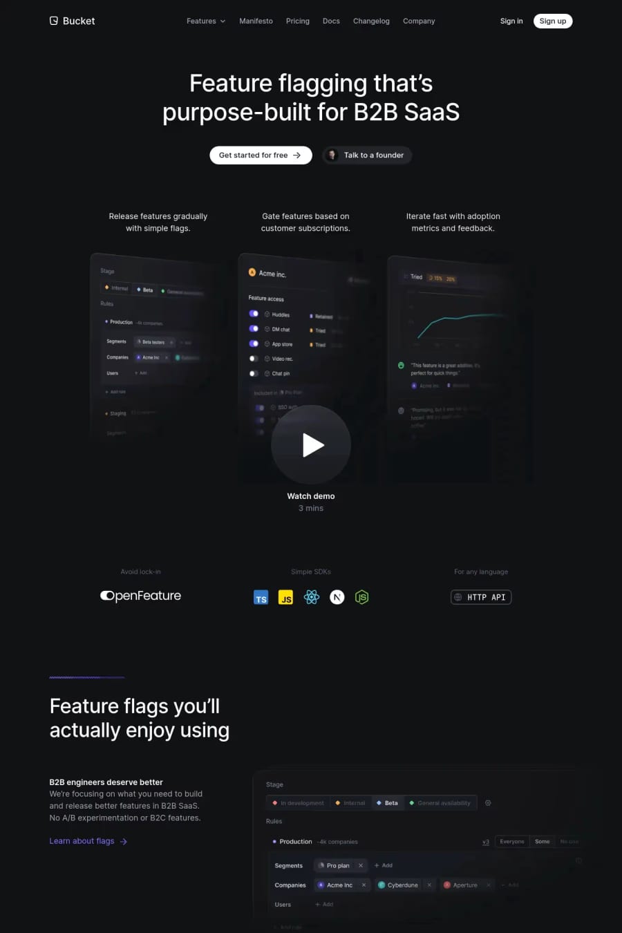 Bucket — screenshot of an isometric, pixelated development landing page in black and blue