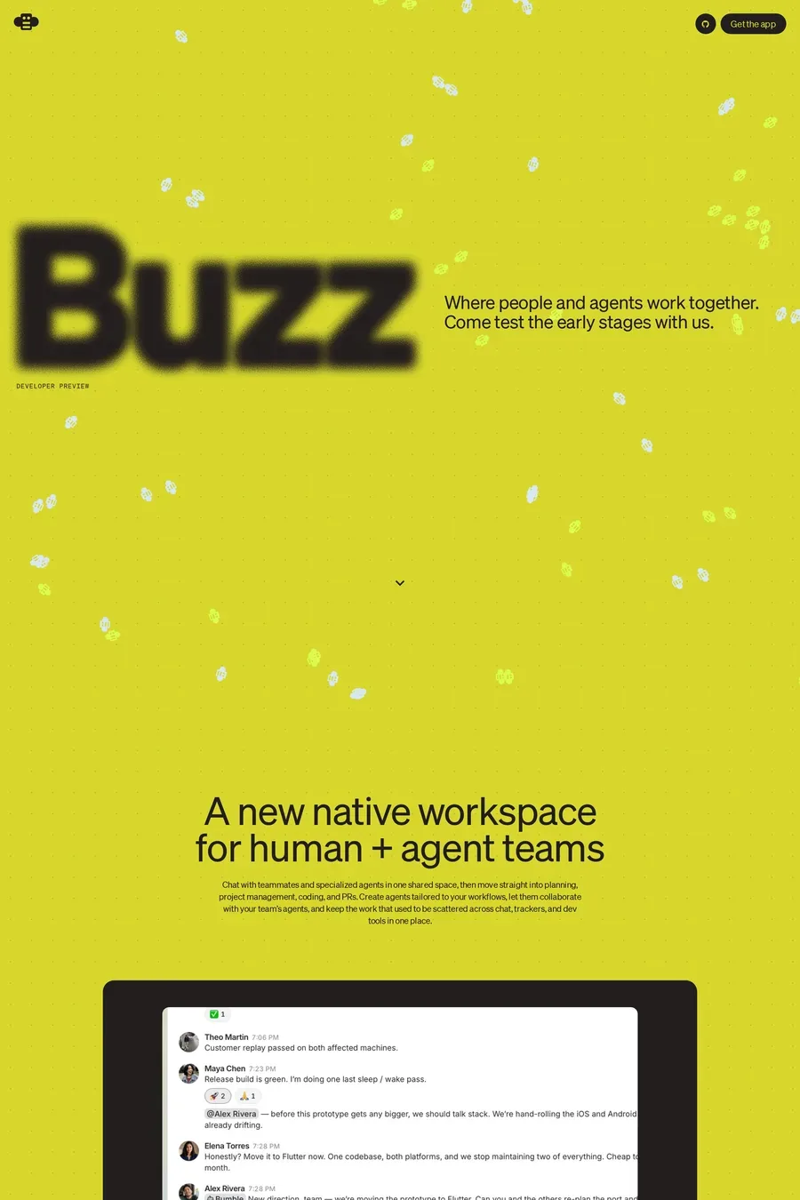 Buzz — screenshot of a fun, light productivity waitlist page in yellow and black