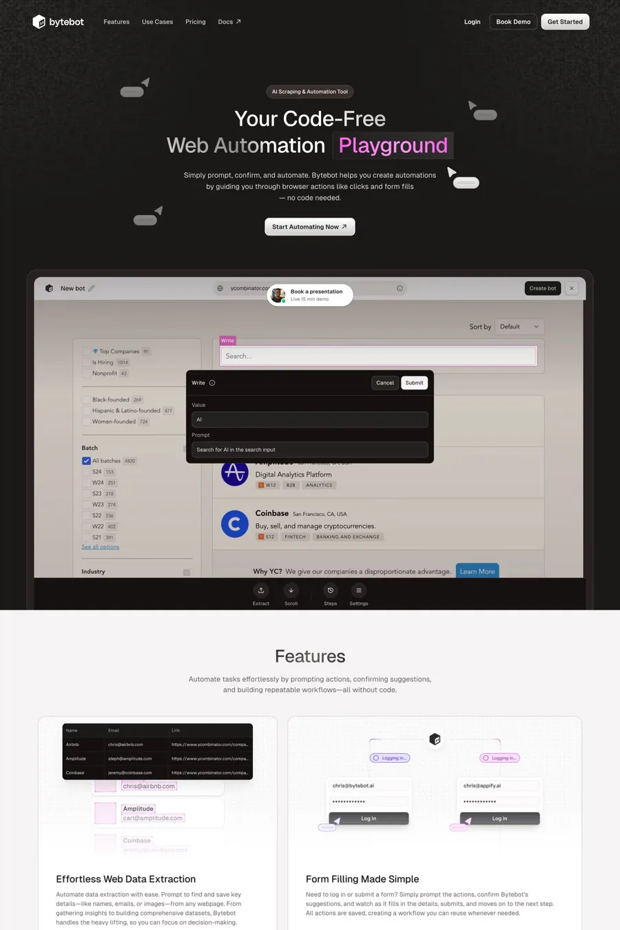 Bytebot — screenshot of a detailed, light AI landing page in black and light grey