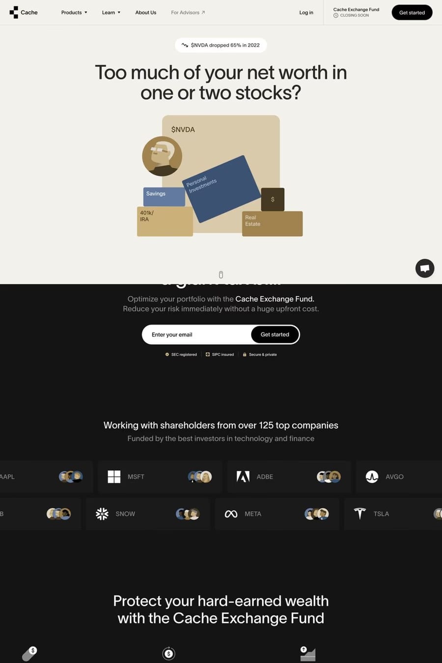Cache — screenshot of a neutral finance landing page in grey and black