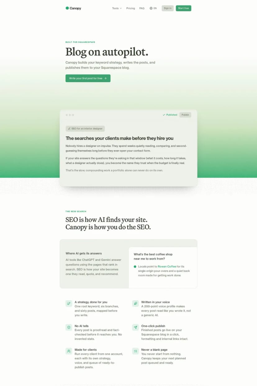 Canopy — screenshot of a landing page