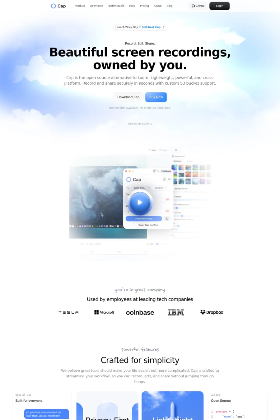 Cap — screenshot of a hand-drawn software landing page in light blue and white