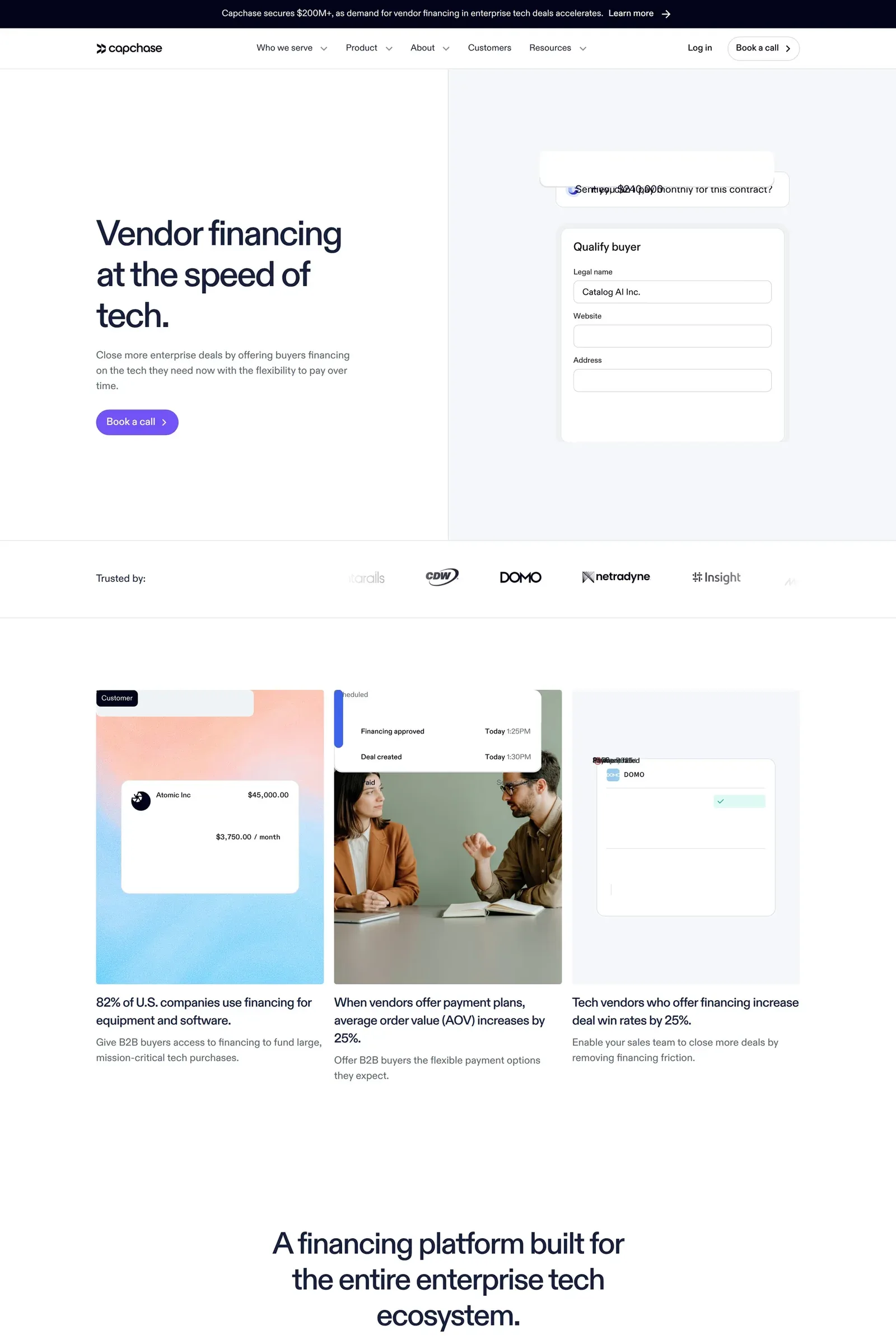 Capchase — screenshot of a clean, minimal finance landing page in white and purple
