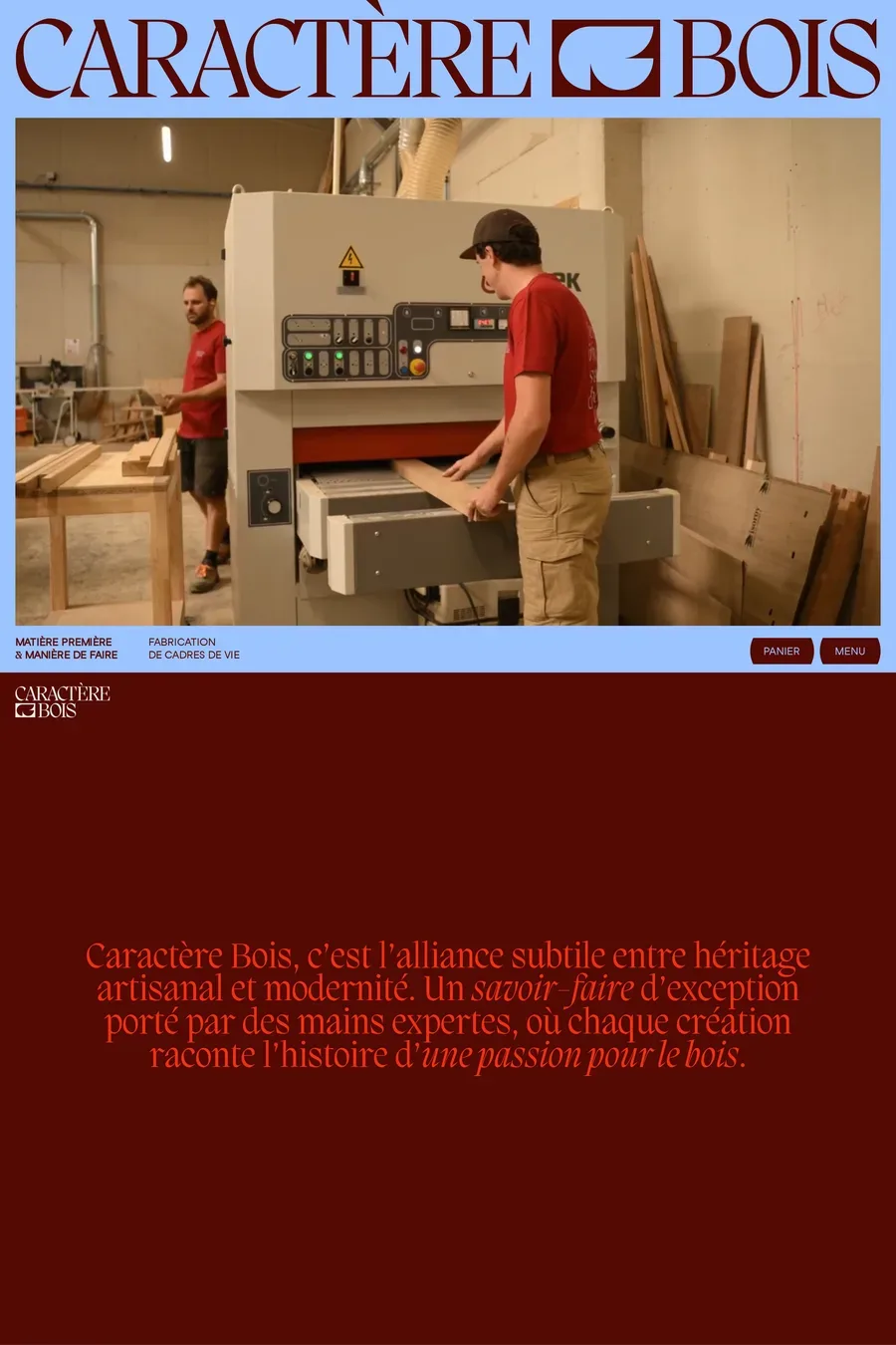 Caractère Bois — screenshot of a colourful, editorial design online shop in light blue and dark red