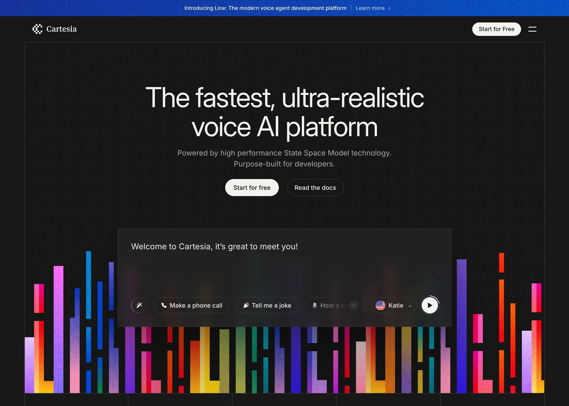 Cartesia — screenshot of a techy, dark AI landing page in blue and dark grey