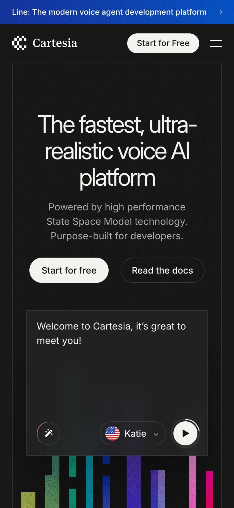 Cartesia — mobile screenshot of a techy, dark AI landing page in blue and dark grey