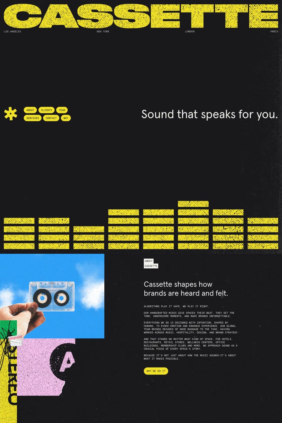 CASSETTE — screenshot of a grunge music agency site in black and yellow