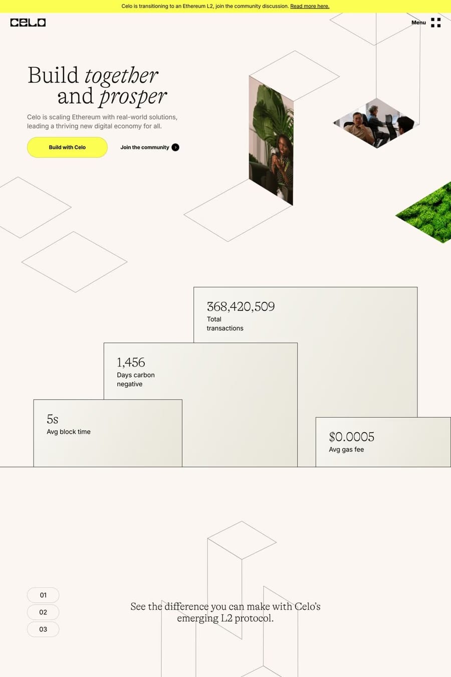 Celo — screenshot of an isometric Web3 and crypto landing page in grey and yellow