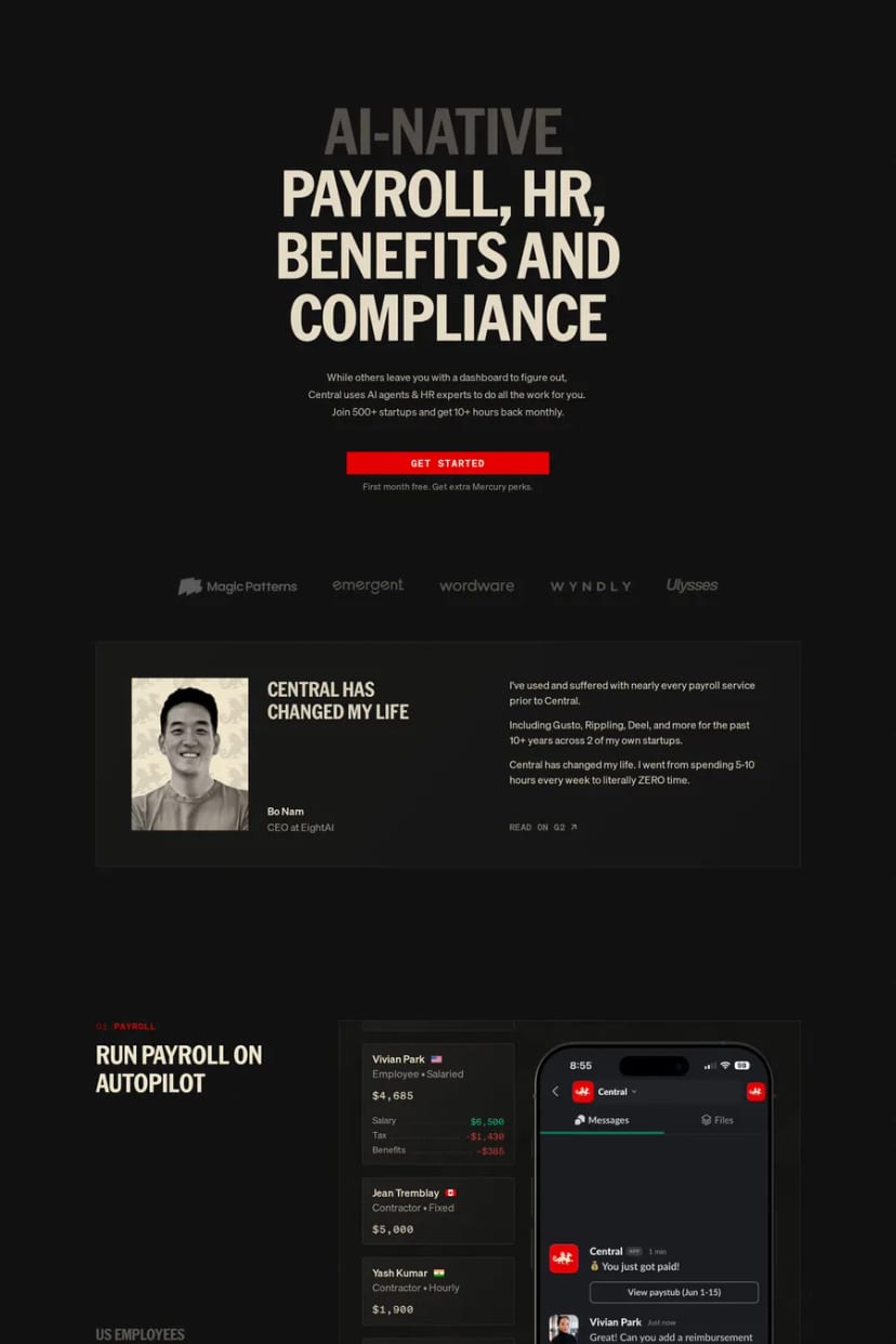Central — screenshot of a landing page