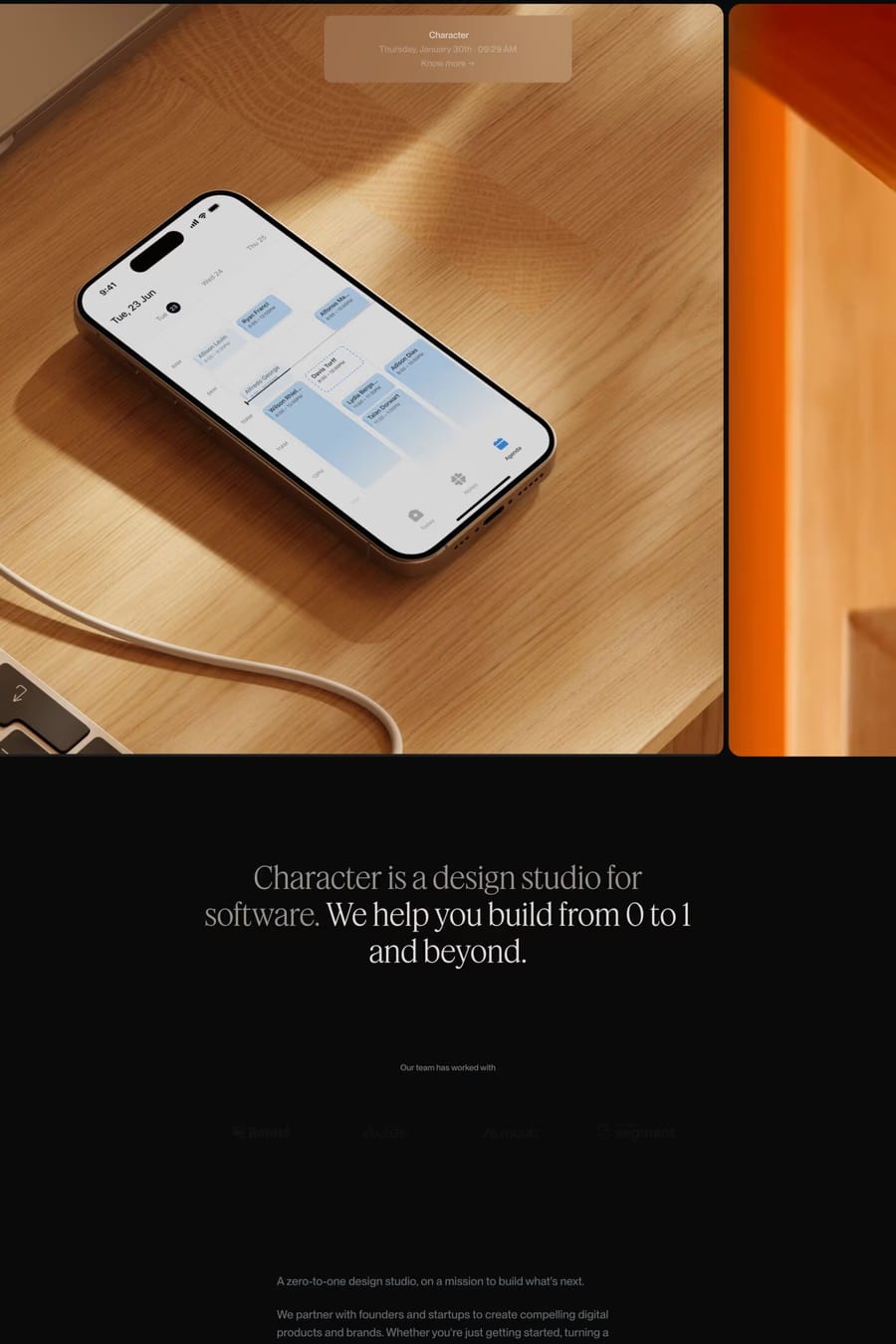 Character — screenshot of a design portfolio site in black and light grey, with serif type and a narrow layout