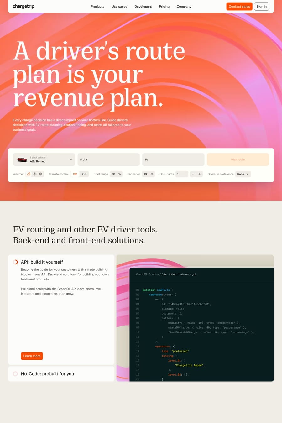 Chargetrip — screenshot of a transport landing page in beige and white, with patterns and gradients