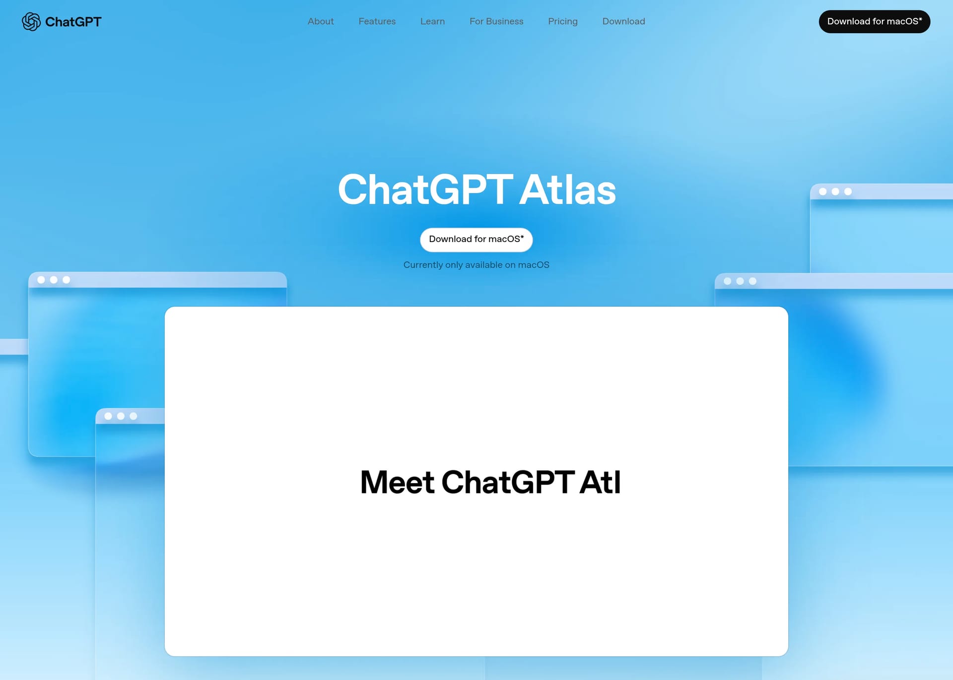 ChatGPT Atlas — screenshot of a minimal, techy AI landing page in blue and dark grey