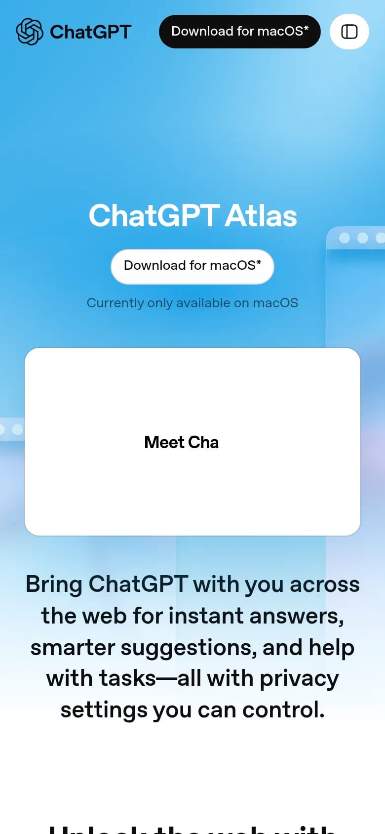 ChatGPT Atlas — mobile screenshot of a minimal, techy AI landing page in blue and dark grey