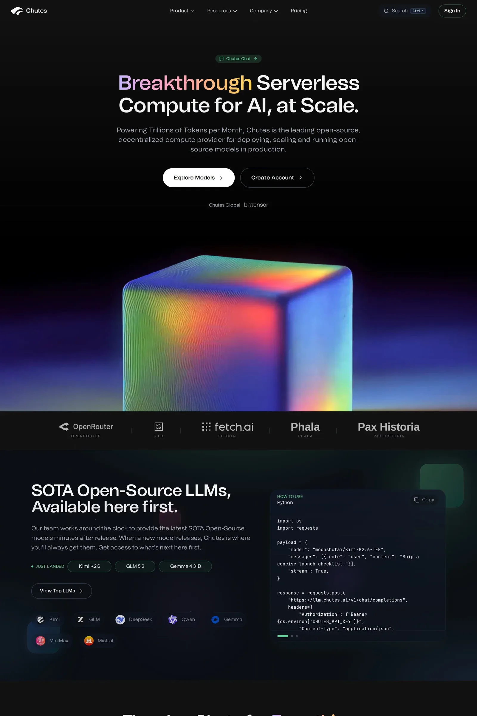 Chutes — screenshot of a dark, techy AI landing page in dark grey