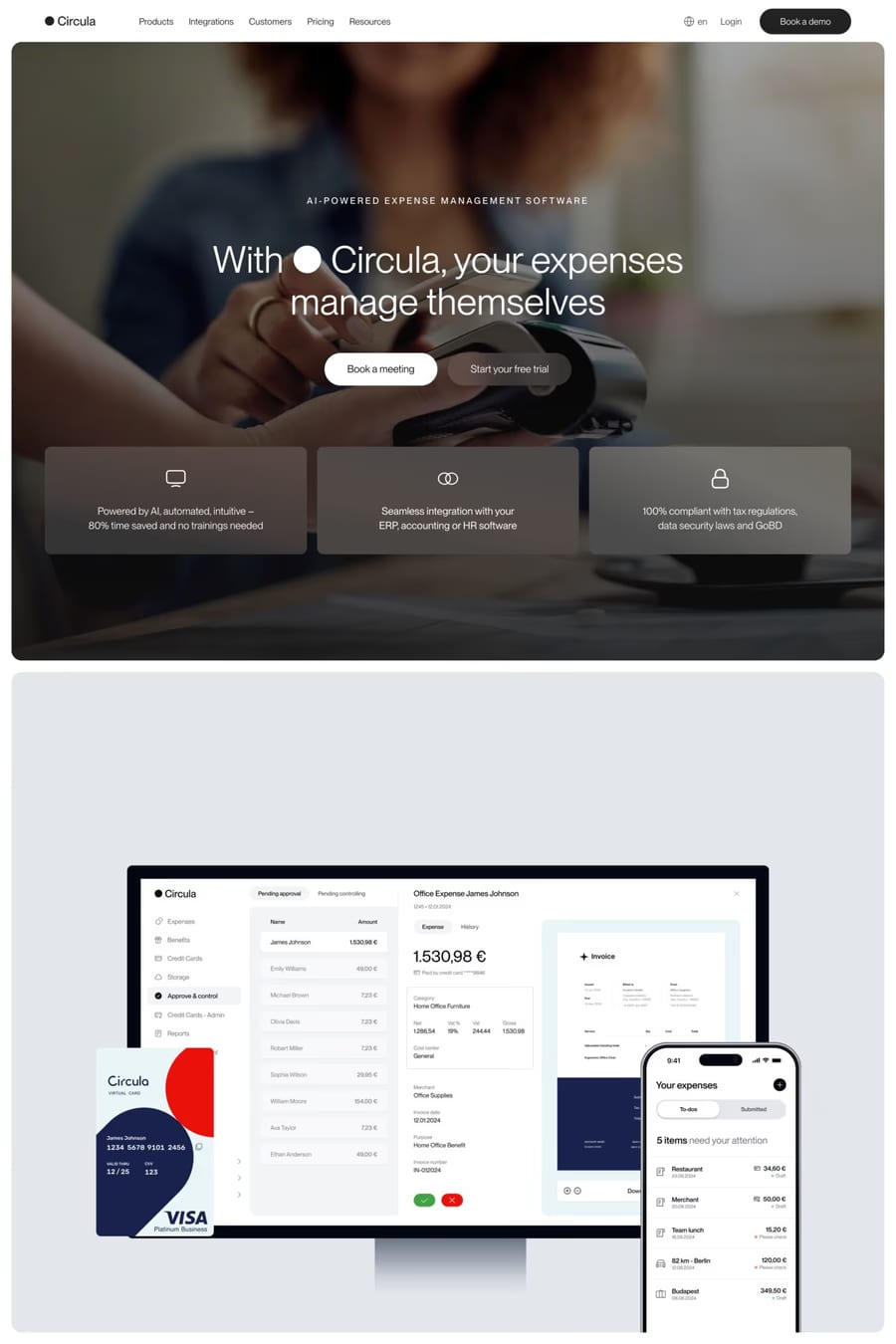 Circula — screenshot of a minimal finance landing page in white and grey