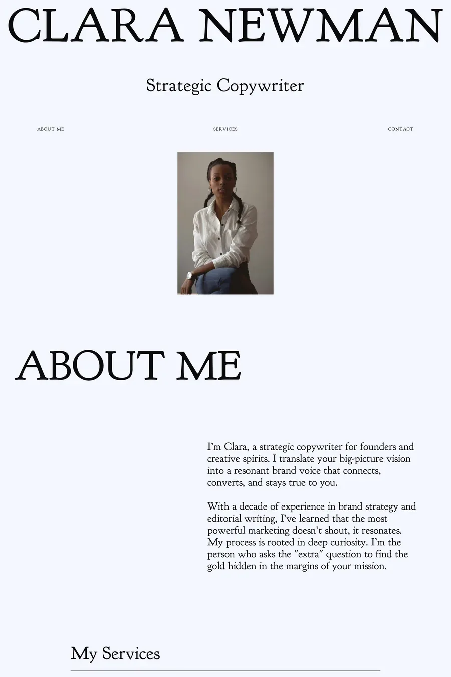 Clara Newman — screenshot of an elegant, typographic writing portfolio template in white and light blue