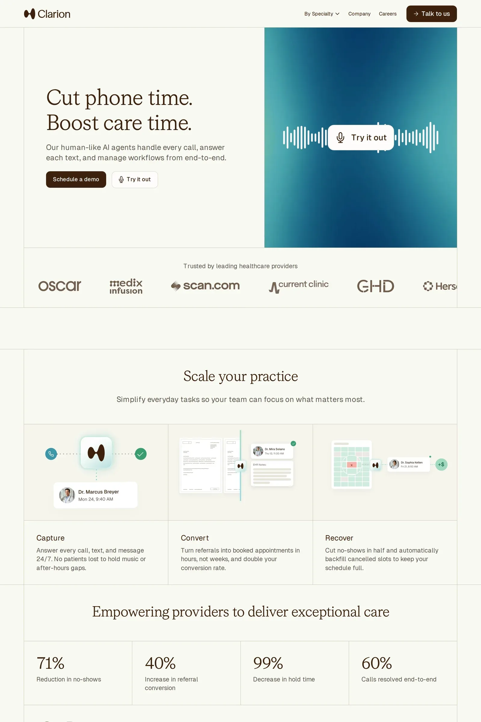Clarion — screenshot of a clean, minimal AI landing page in beige and dark blue