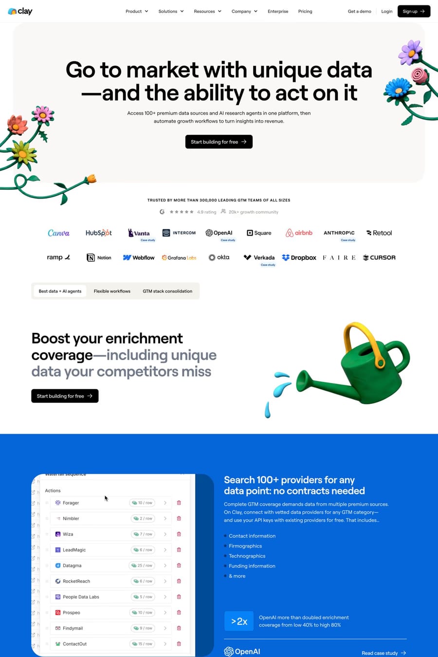 Clay — screenshot of a 3D business landing page in white and light grey