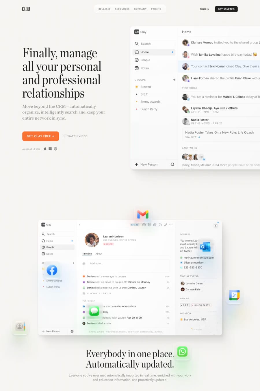 Clay — screenshot of a light productivity landing page in white and orange
