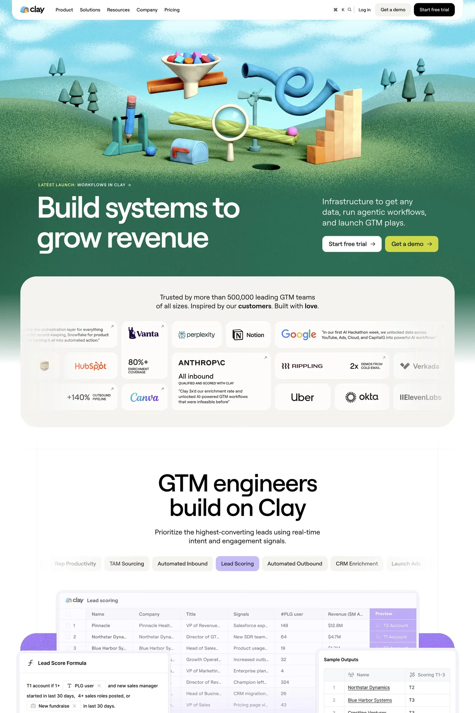 Clay — screenshot of a 3D, colourful marketing landing page in green and light blue