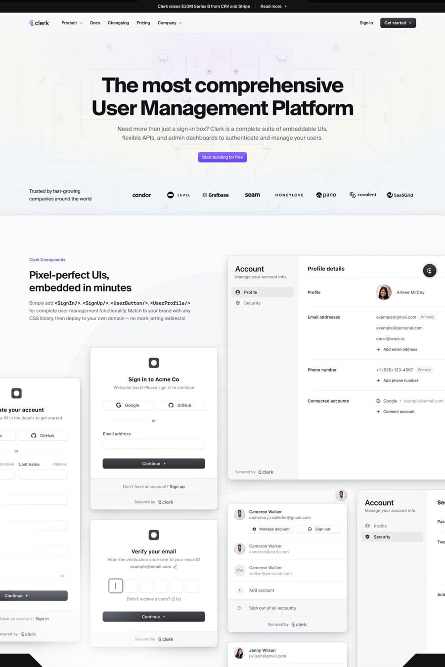 Clerk — screenshot of a clean, detailed development landing page in white and grey