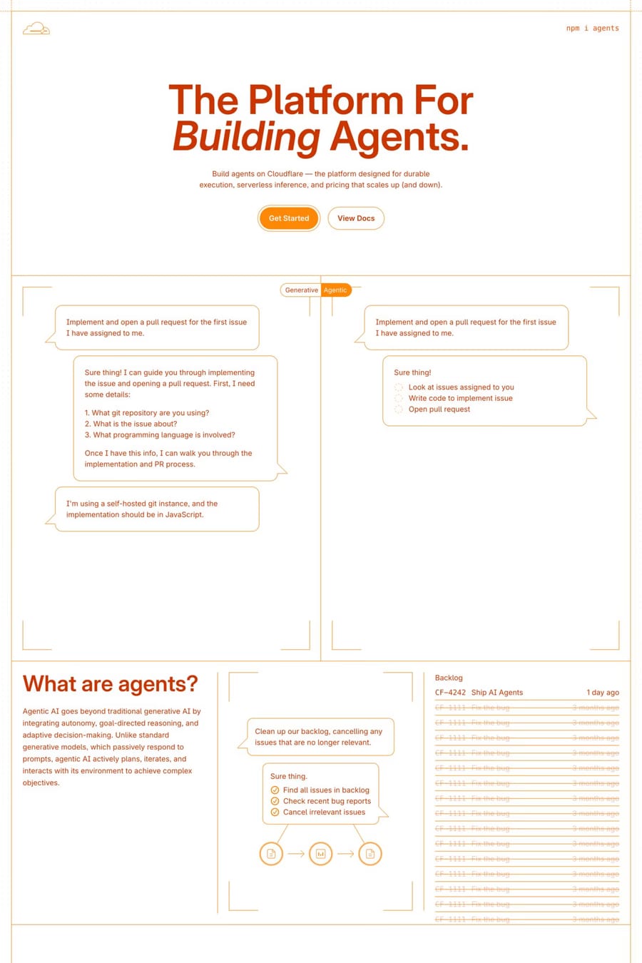 Cloudflare Agents — screenshot of a development landing page in red and orange, with line work and outlined shapes