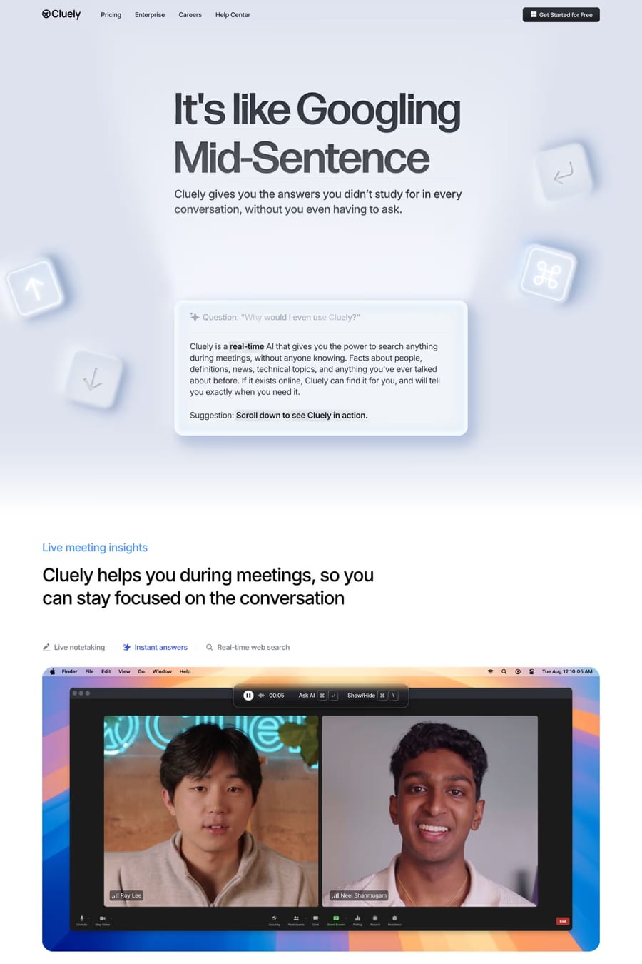 Cluely — screenshot of a detailed, 3D AI landing page in light grey and grey