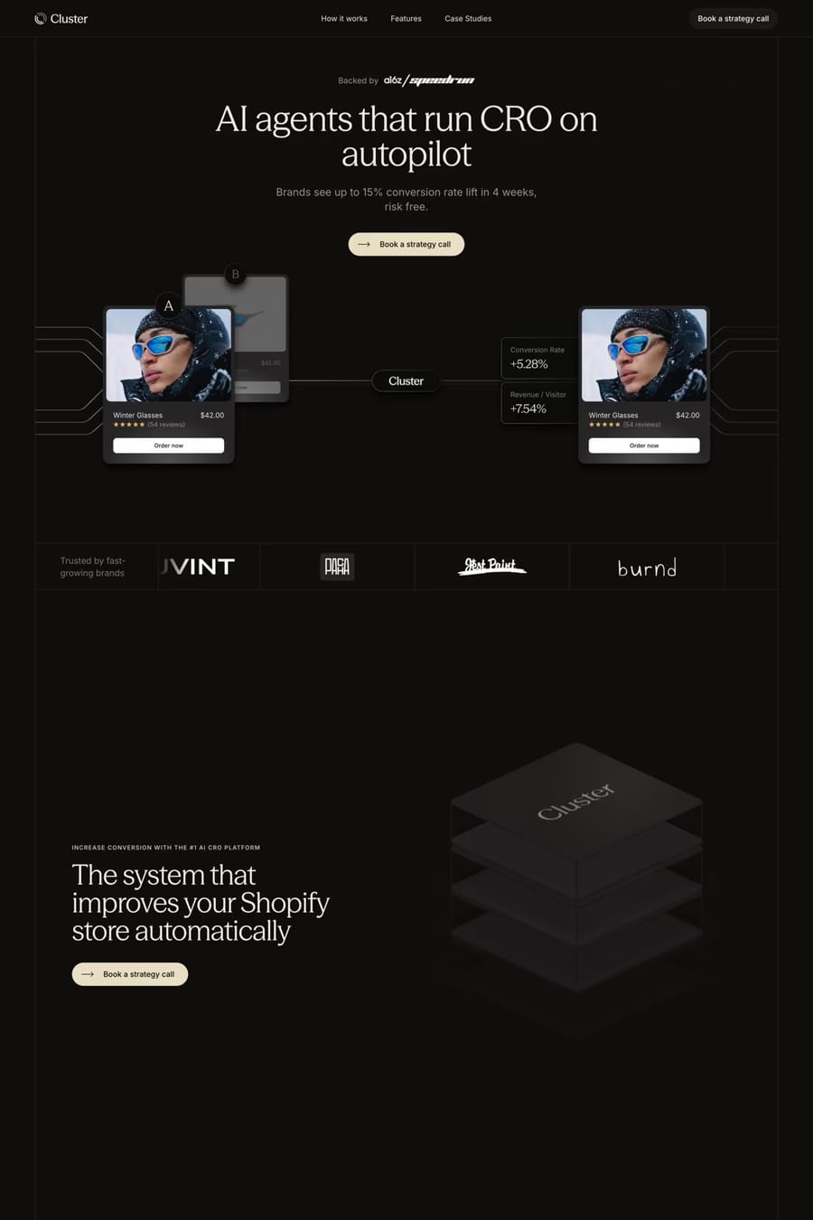 Cluster — screenshot of an elegant, isometric AI landing page in cream and black