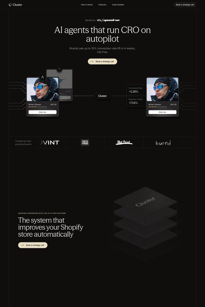 Cluster — screenshot of a landing page