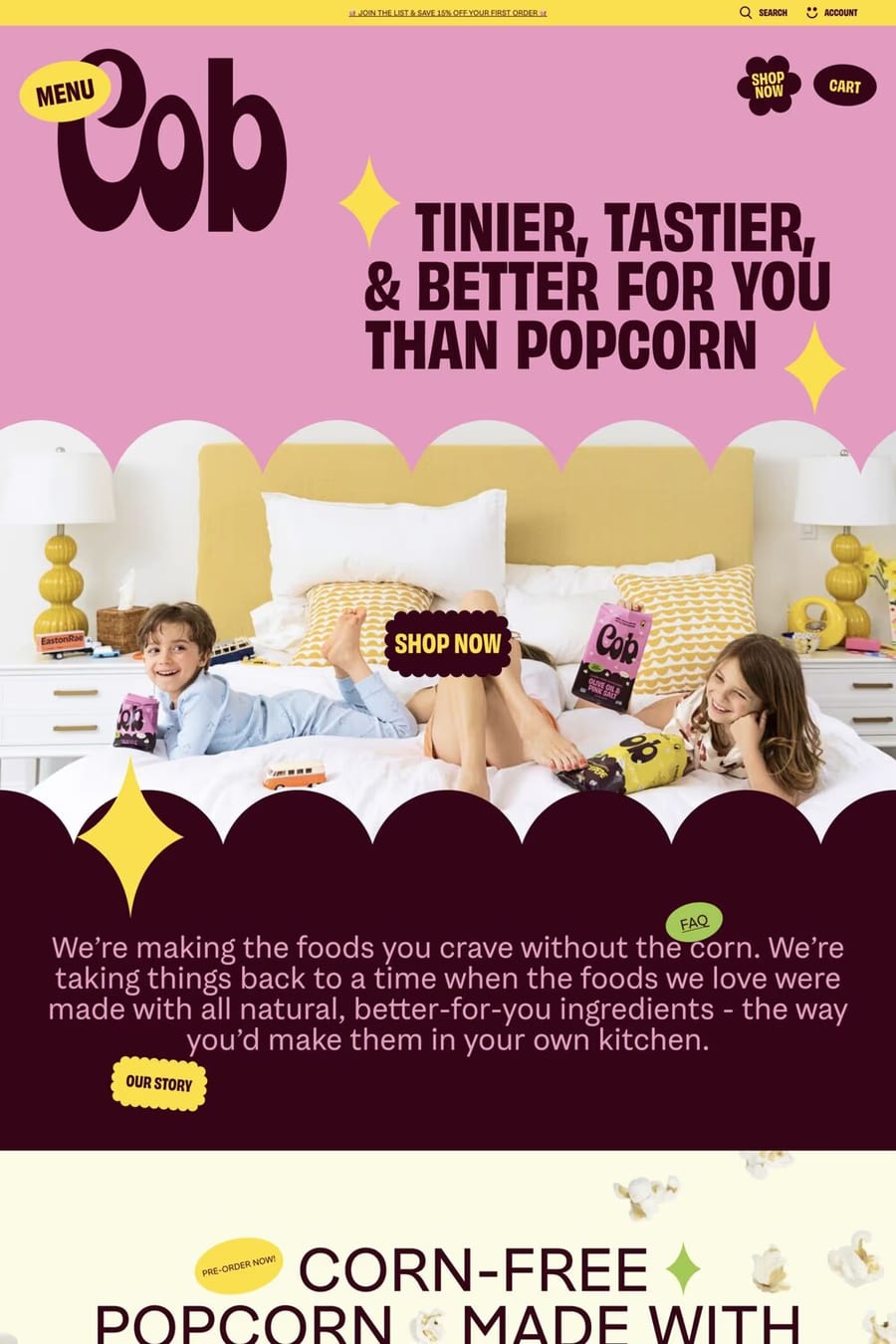 Cob — screenshot of a fun, typographic food and drink online shop in pink and dark red