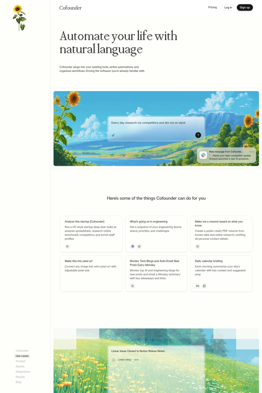 Cofounder — screenshot of a pixelated, minimal business landing page in white