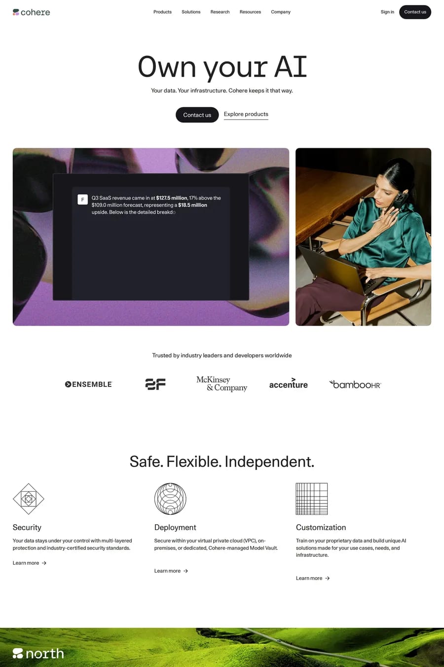 Cohere — screenshot of a 3D, techy AI landing page in light pink and beige