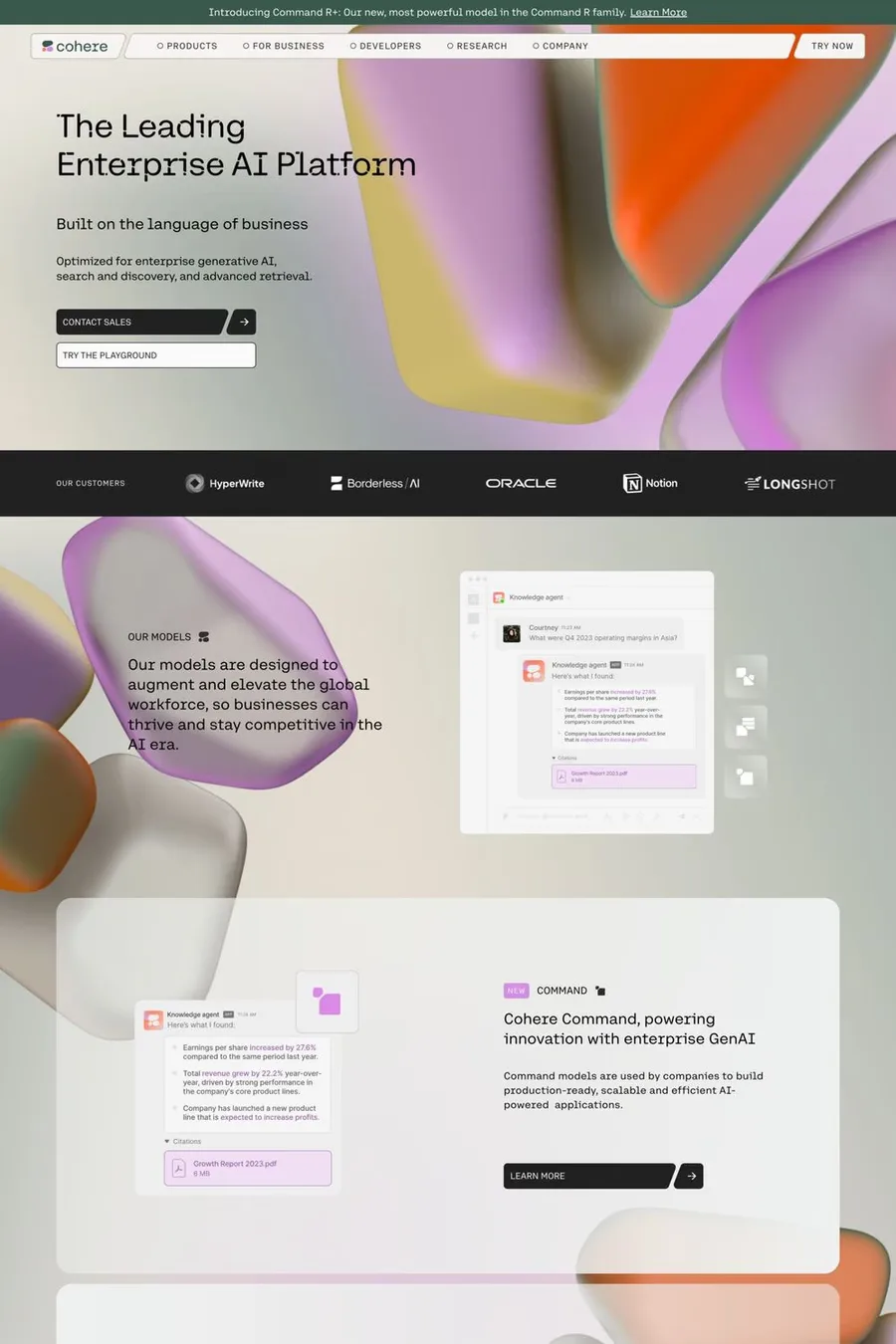 Cohere — screenshot of a 3D, techy AI landing page in light pink and beige