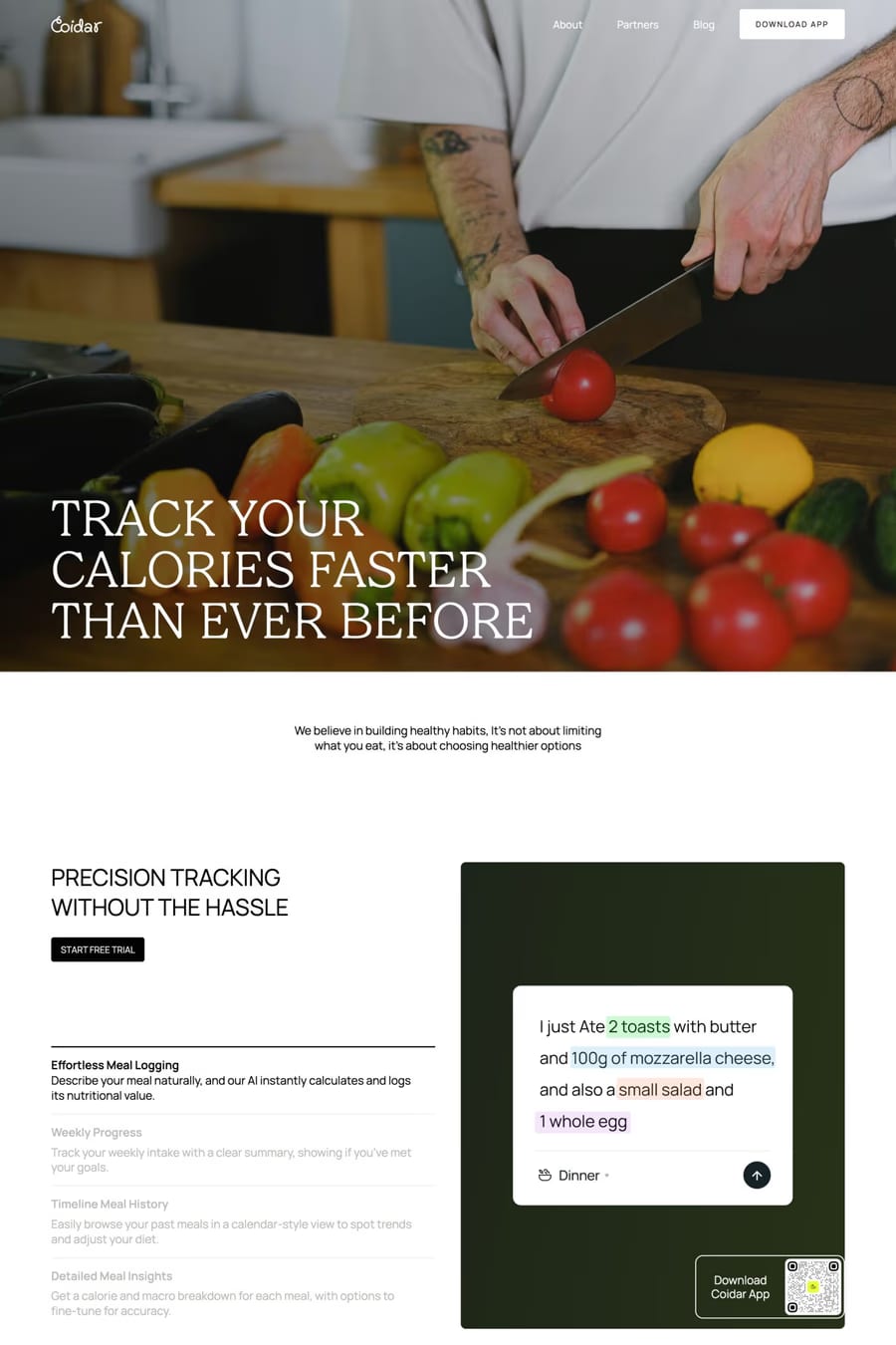 Coidar — screenshot of a pastel food and drink landing page in white and dark green