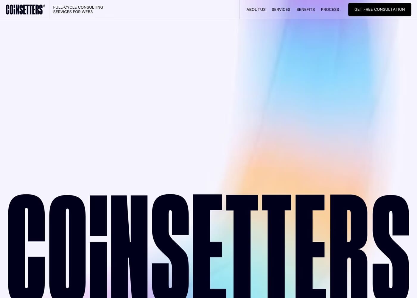 Coinsetters — screenshot of a development agency site in light purple and white, with blurred gradients and display type