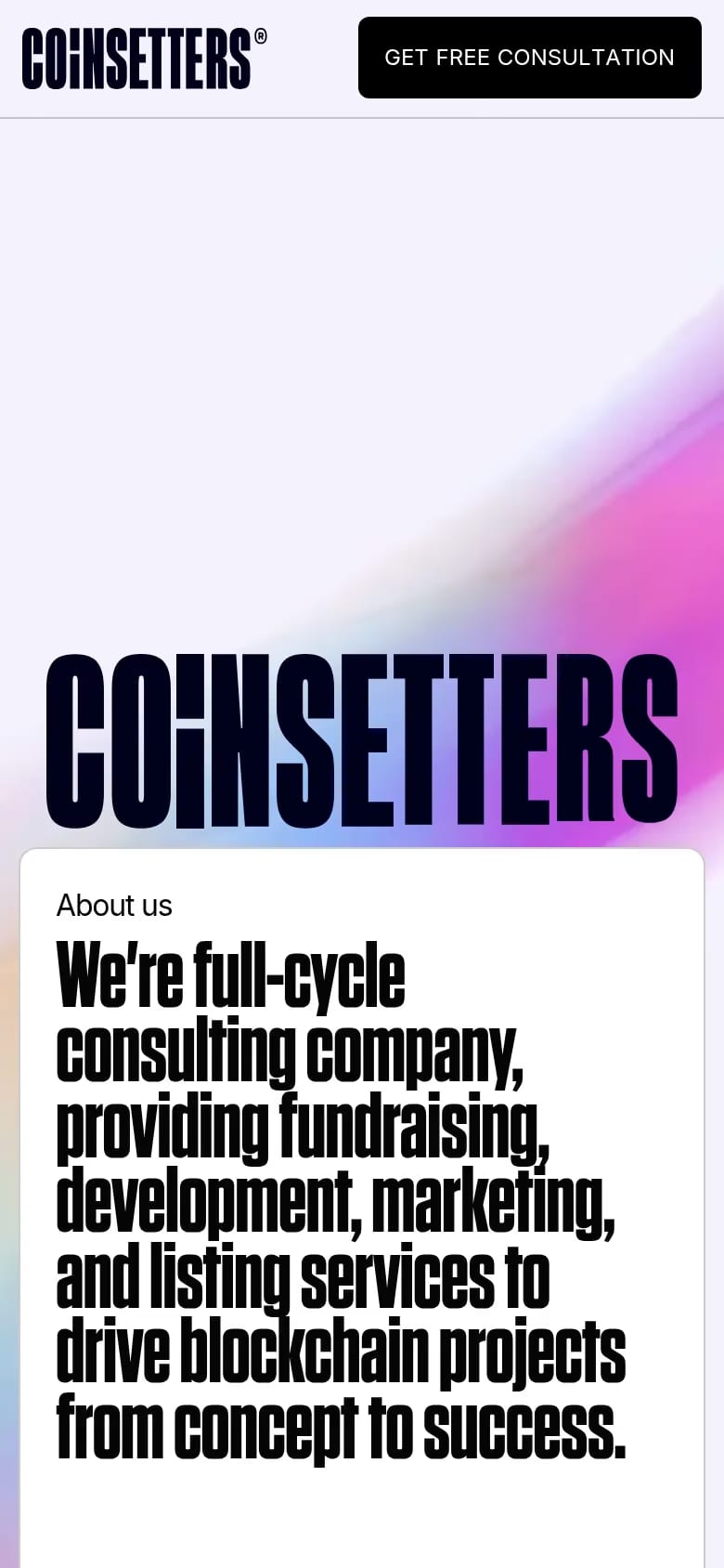 Coinsetters — mobile screenshot of a development agency site in light purple and white