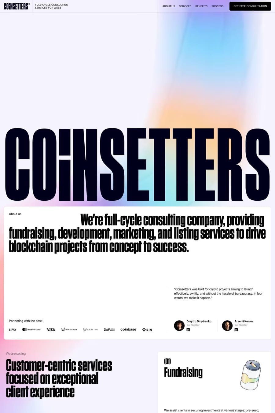 Coinsetters — screenshot of a development agency site in light purple and white, with blurred gradients and display type