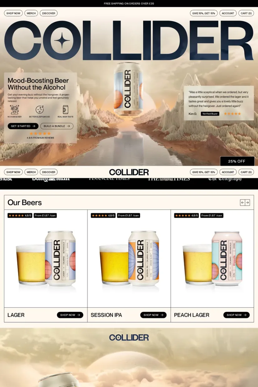 Collider — screenshot of a 3D, pixelated food and drink online shop in light orange and light blue