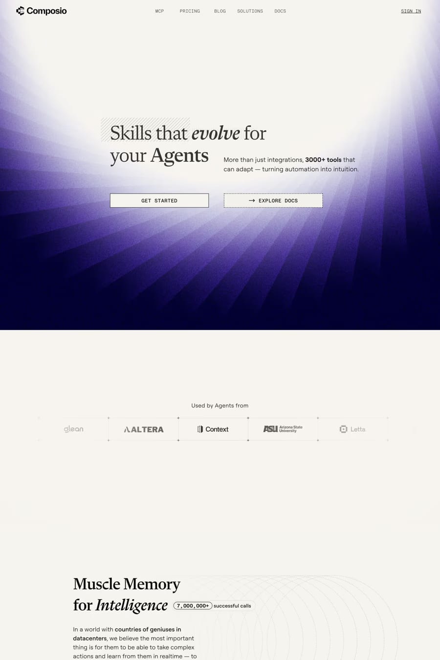 Composio — screenshot of a pixelated AI landing page in purple and light grey