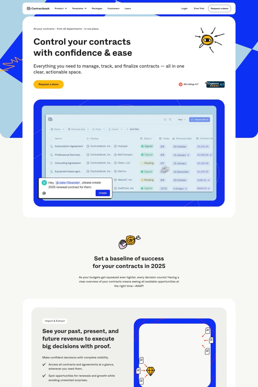 Contractbook — screenshot of a hand-drawn business landing page in light blue and blue