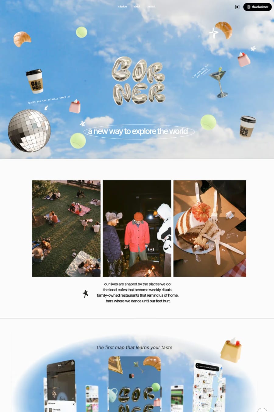 Corner — screenshot of a fun, 3D travel landing page in light blue and white